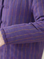 Heritage-inspired striped cotton jacket with mandarin collar, elegant women's outerwear