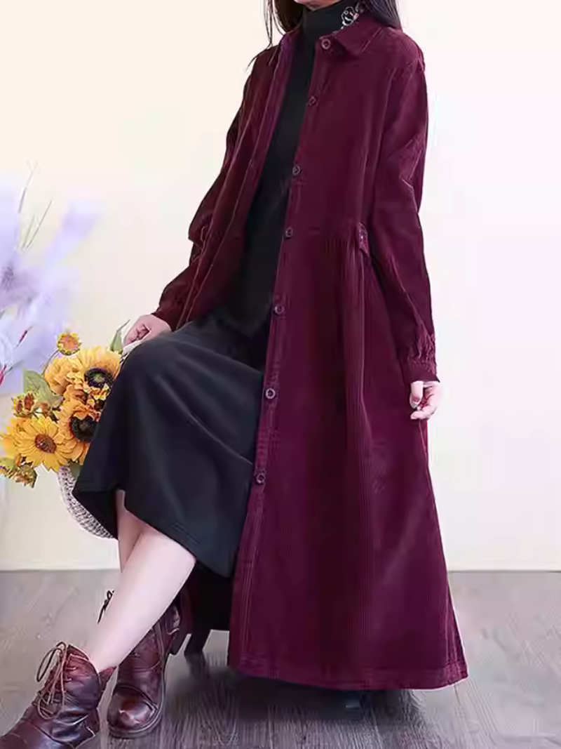 Fine Corduroy A-Line Midi Shirt Dress with Pockets and Collar