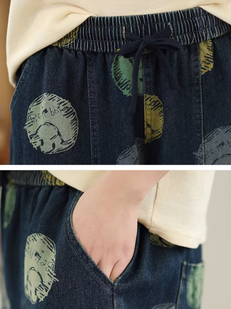 Artful Relaxed Drawstring Denim Cotton Pants, Women’s Baggy Jeans with Tapered Cuff