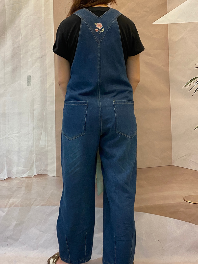 Women's Rose Embroidered Denim Overalls with Loose Wide-Leg Fit