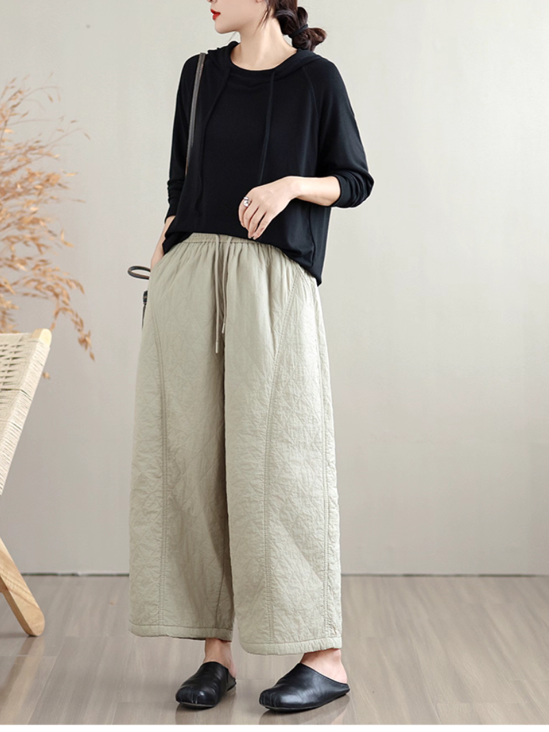 Women's Quilted Wide-Leg Cotton Blend Winter Pants with Drawstring Waist