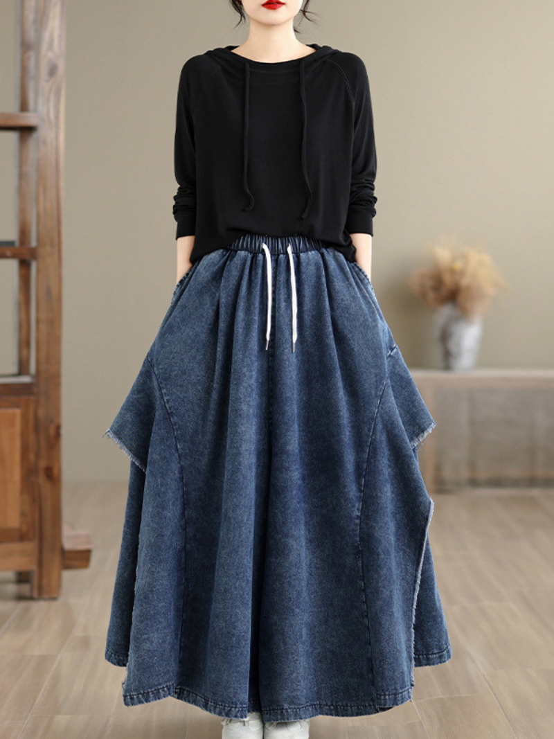 Artful A-Line Denim Maxi Skirt with Drawstring Waist, Cotton Comfort