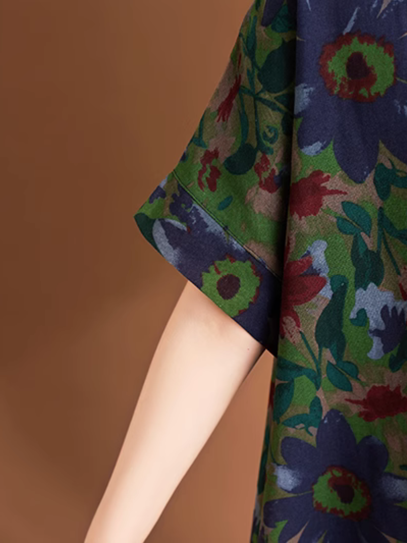 Women's Summer Flower Printed Pocket Style Midi -Dress