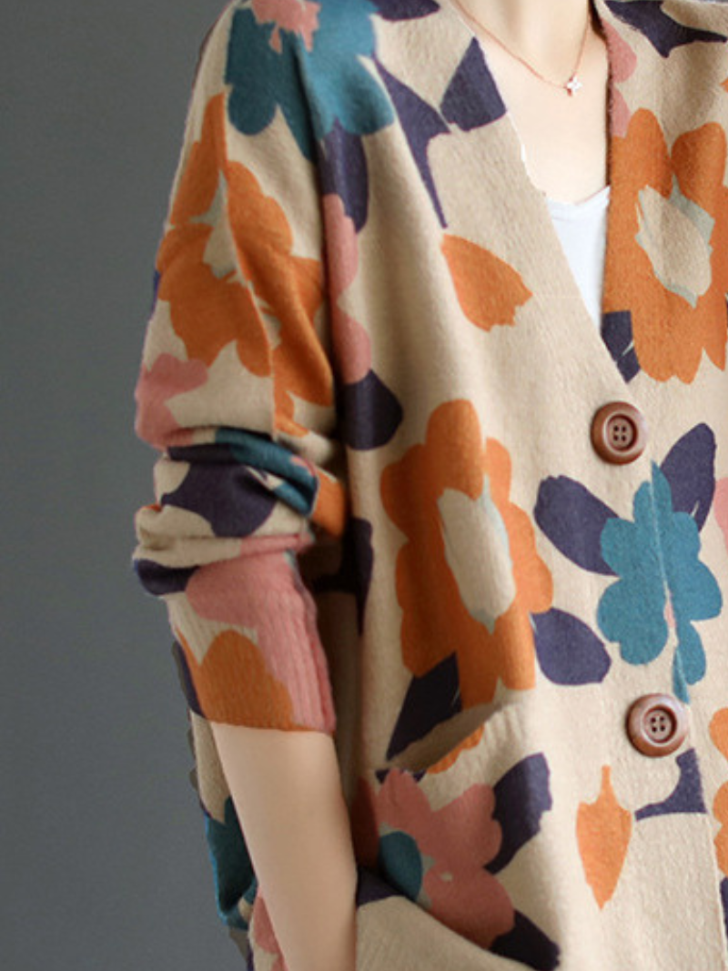 Open-Front Women's  Printed Flower Cardigan