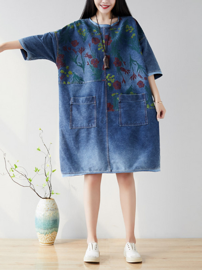 Women's Casual & Soft Floral Large Pockets  Midi Dress