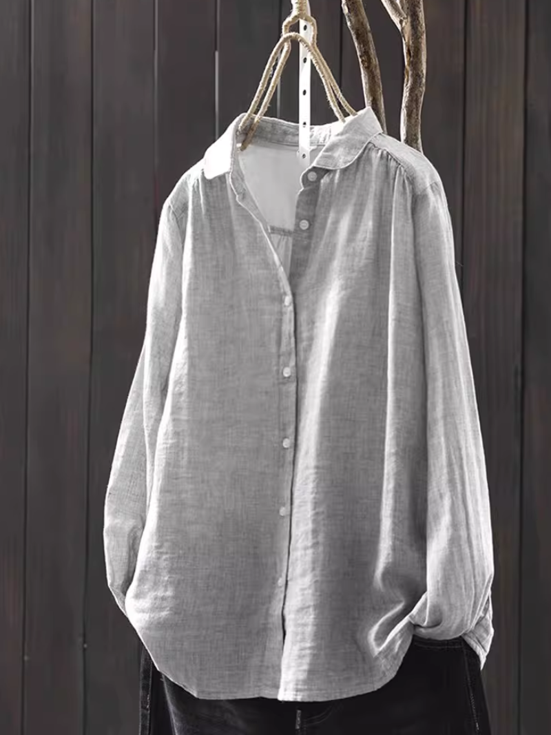 Cotton-Linen Button-Down Blouse with Point Collar