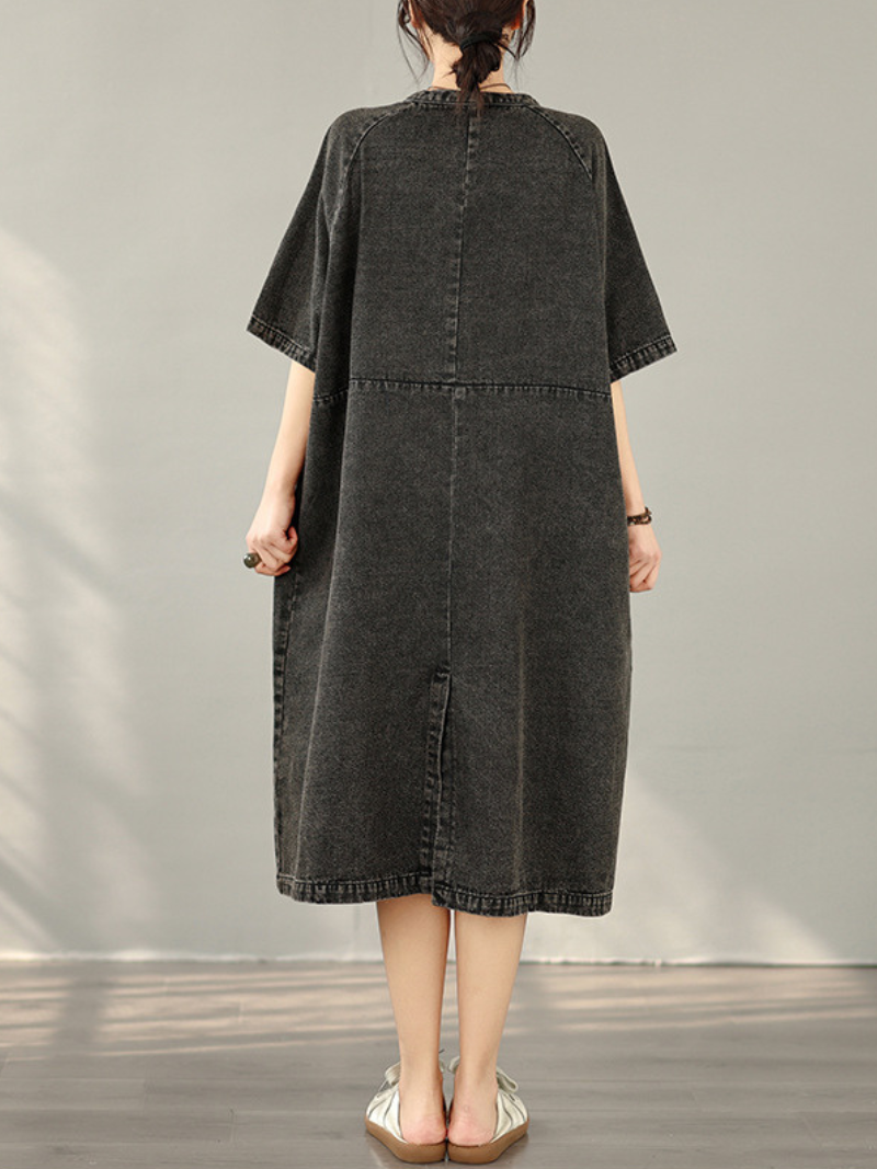 Artful Bloom Denim Dress, Relaxed V-Neck Midi in Washed Cotton