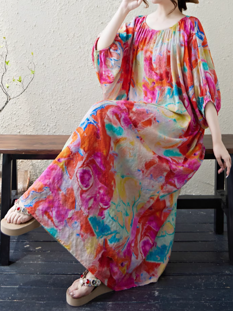 Women's Retro Elastic Summer Printed A-line Kaftan Dress
