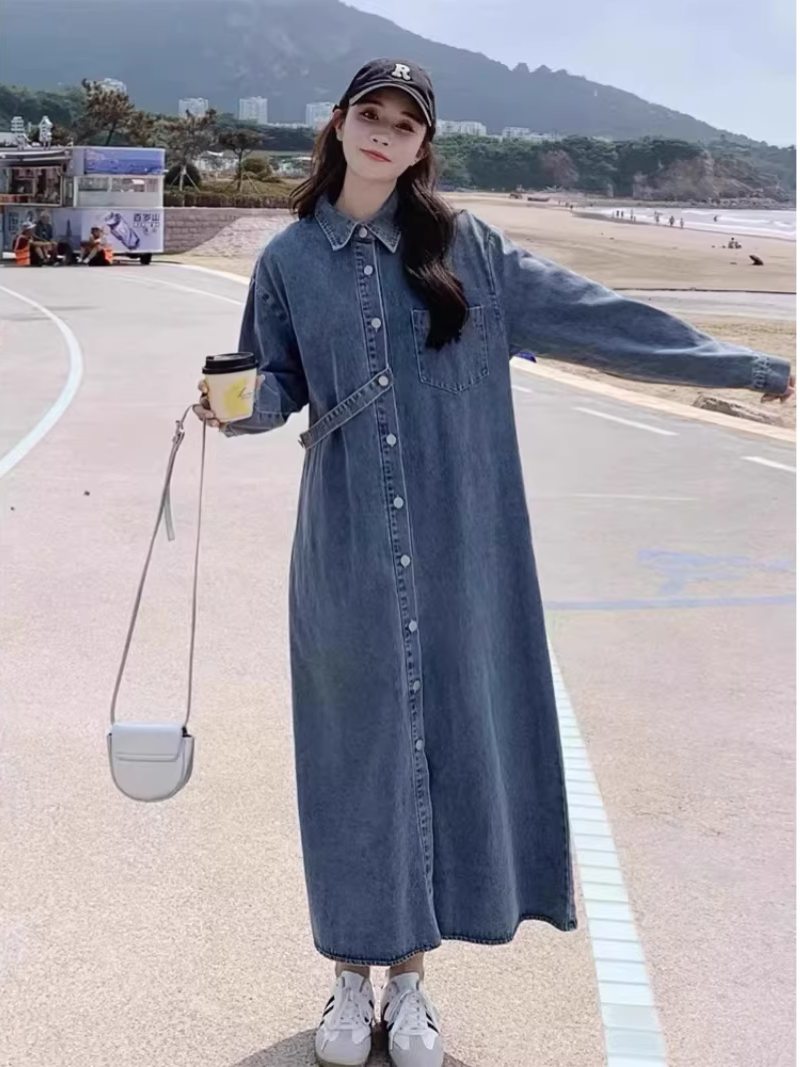 Chic Longline Denim Coat in Cotton, Minimal Maxi Duster for Weekends