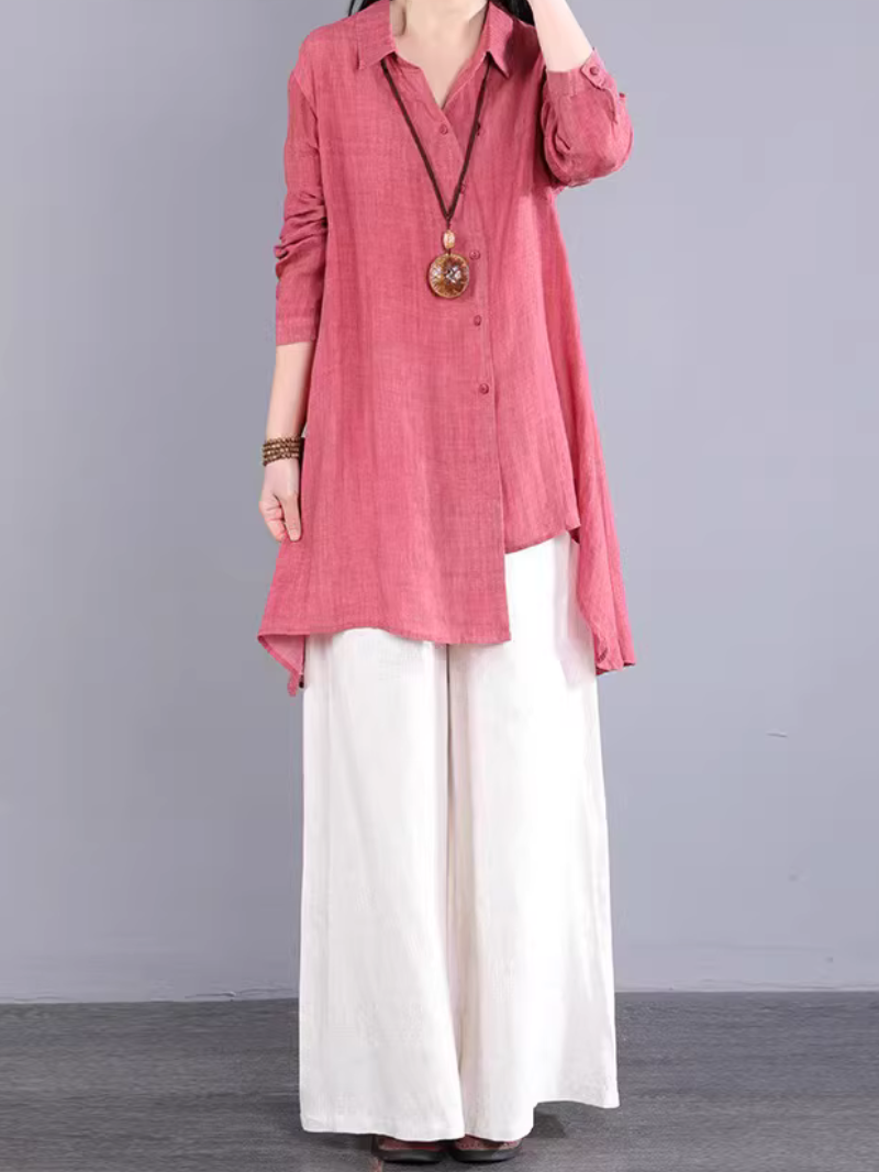 Asymmetric Longline Linen Shirt Tunic in Cotton Linen Blend, Refined