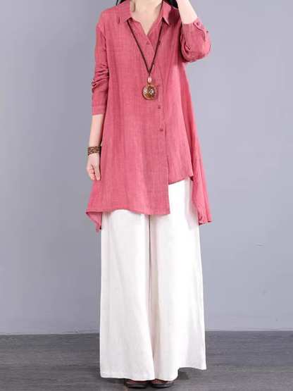 Asymmetric Longline Linen Shirt Tunic in Cotton Linen Blend, Refined
