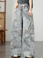 Women's Artful Wide-Leg Denim Cotton Pants with Elastic Drawstring Waist