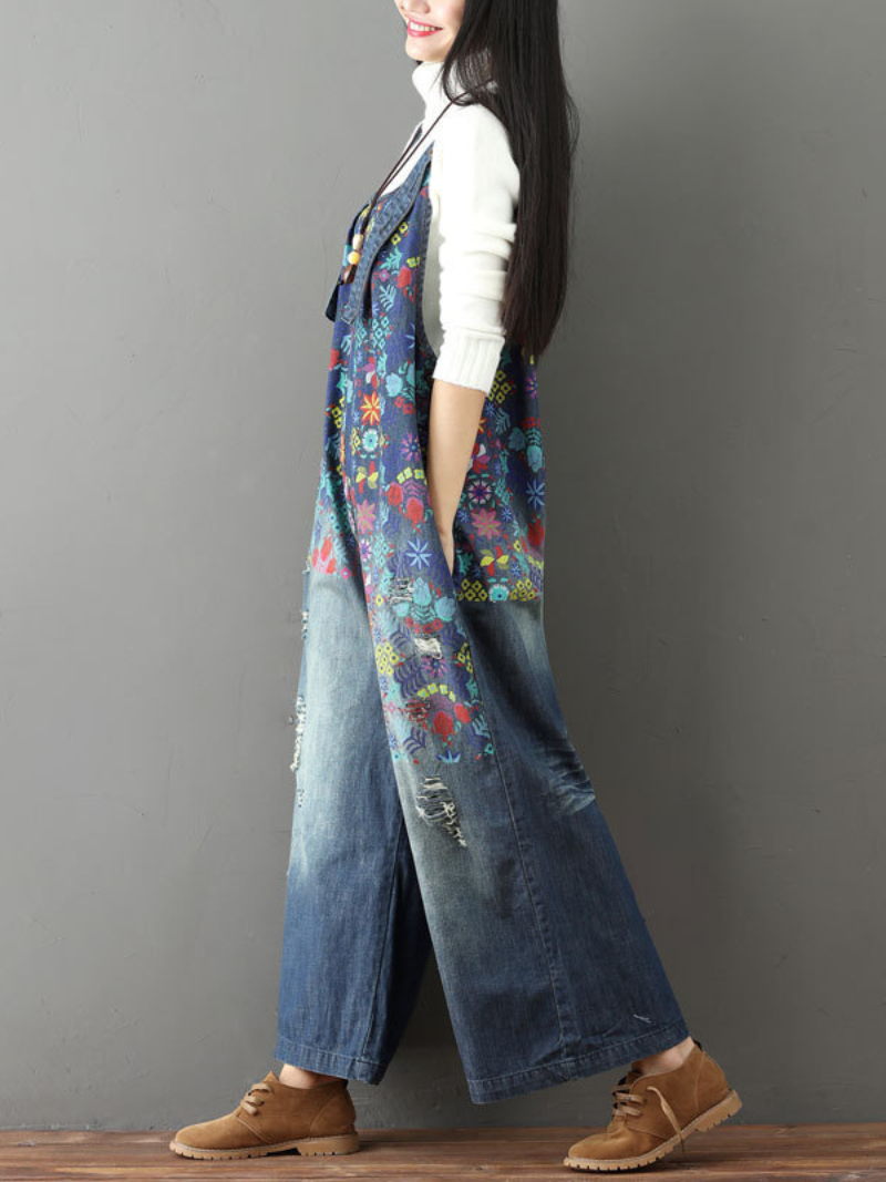 Boho Wide-Leg Denim Overalls with Vibrant Floral Print | Eva Trends