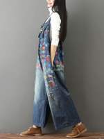Boho Wide-Leg Denim Overalls with Vibrant Floral Print | Eva Trends