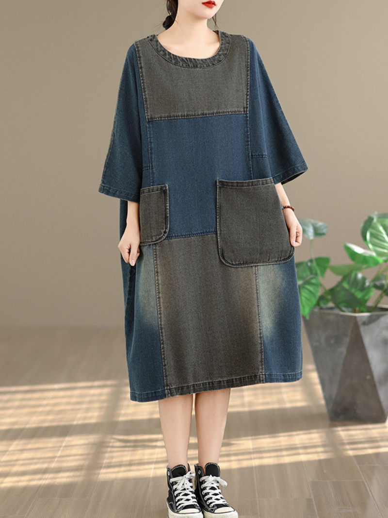 Artisanal Patchwork Denim Dress with Oversized Pockets, Relaxed Cocoon Fit