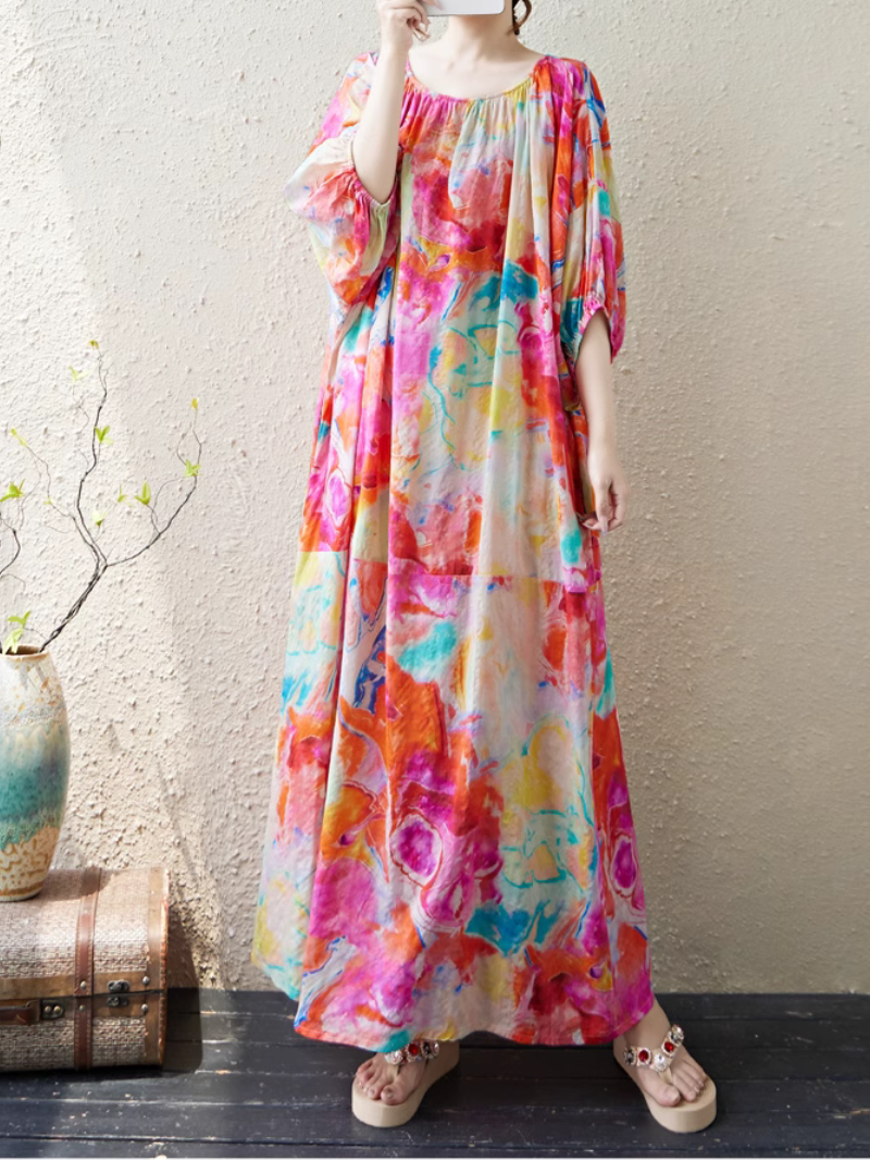 Women's Retro Elastic Summer Printed A-line Kaftan Dress