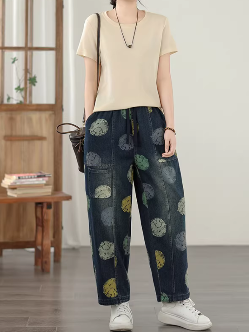 Artful Relaxed Drawstring Denim Cotton Pants, Women’s Baggy Jeans with Tapered Cuff