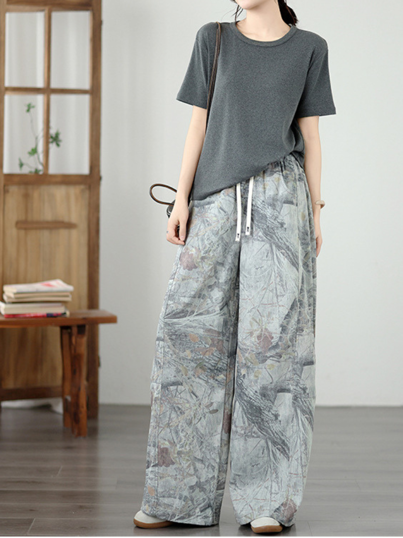 Women's Artful Wide-Leg Denim Cotton Pants with Elastic Drawstring Waist