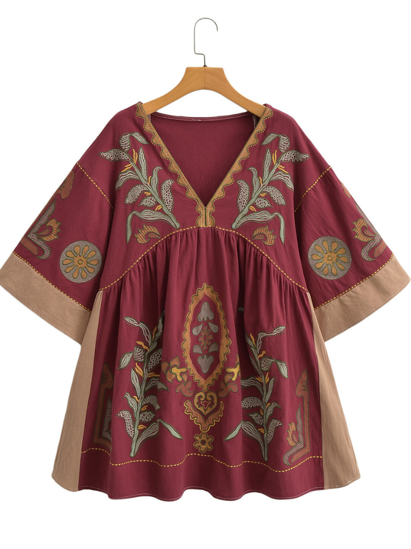 Women's Summer Casual V-neck Loose Embroidered Kimono Dress