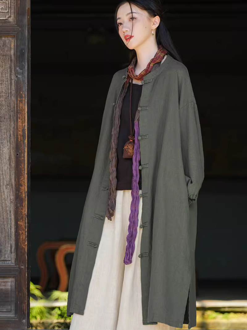 Chic Cotton Linen Mandarin-Collar Duster Coat with Frog Closures, Timeless Elegance