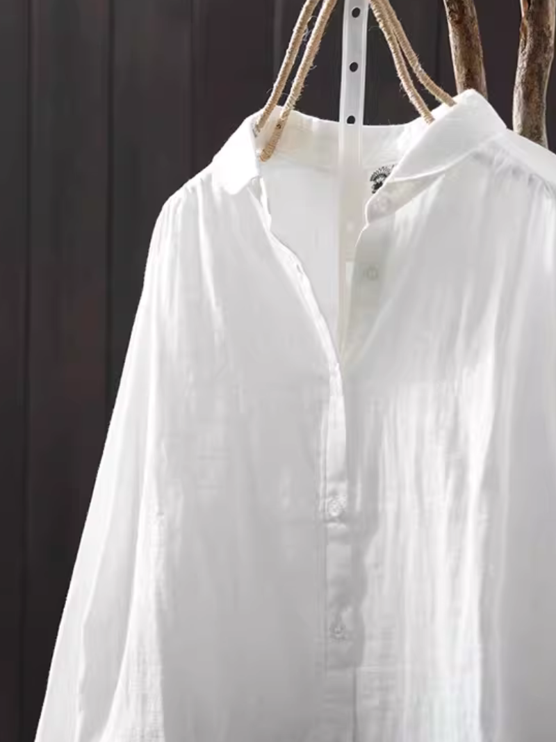 Cotton-Linen Button-Down Blouse with Point Collar