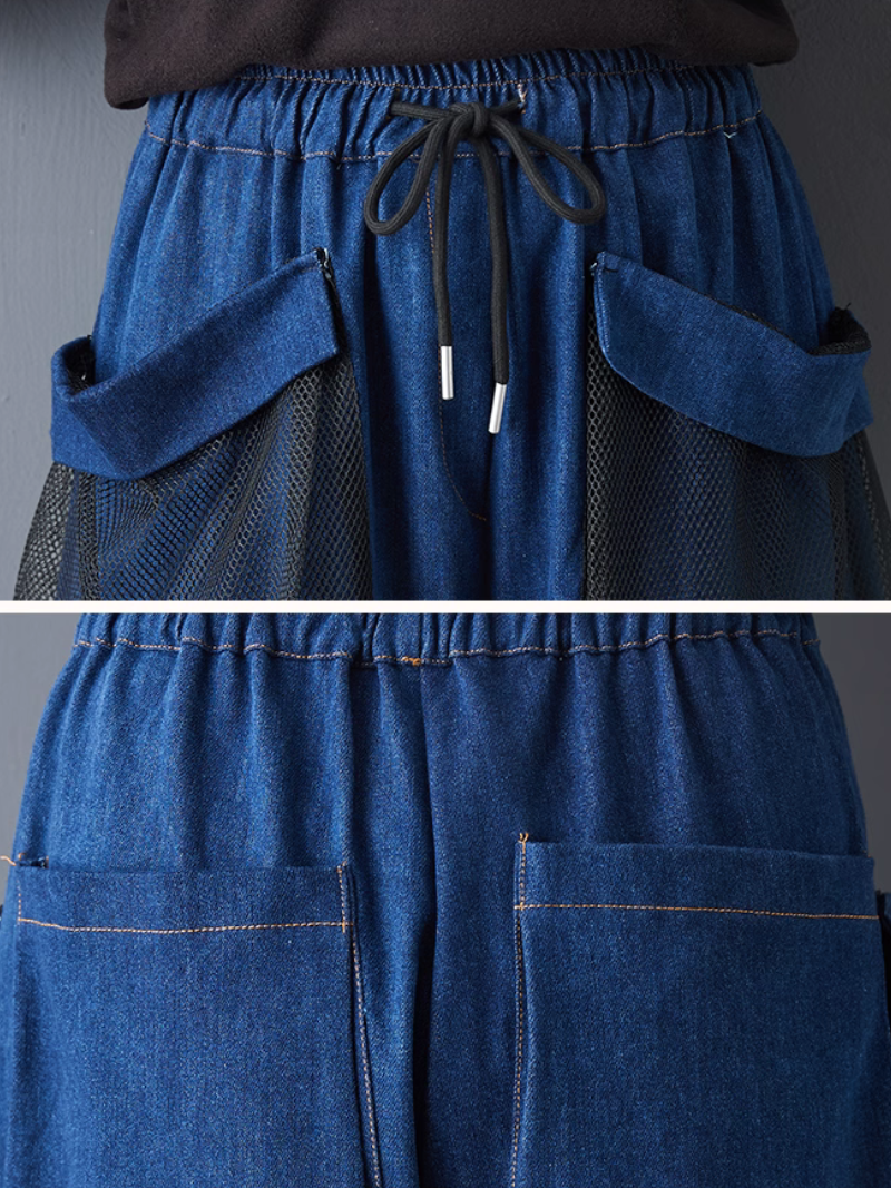 Avant-Garde Mesh Overlay Wide-Leg Denim Pants with Drawstring, High-Rise Waist