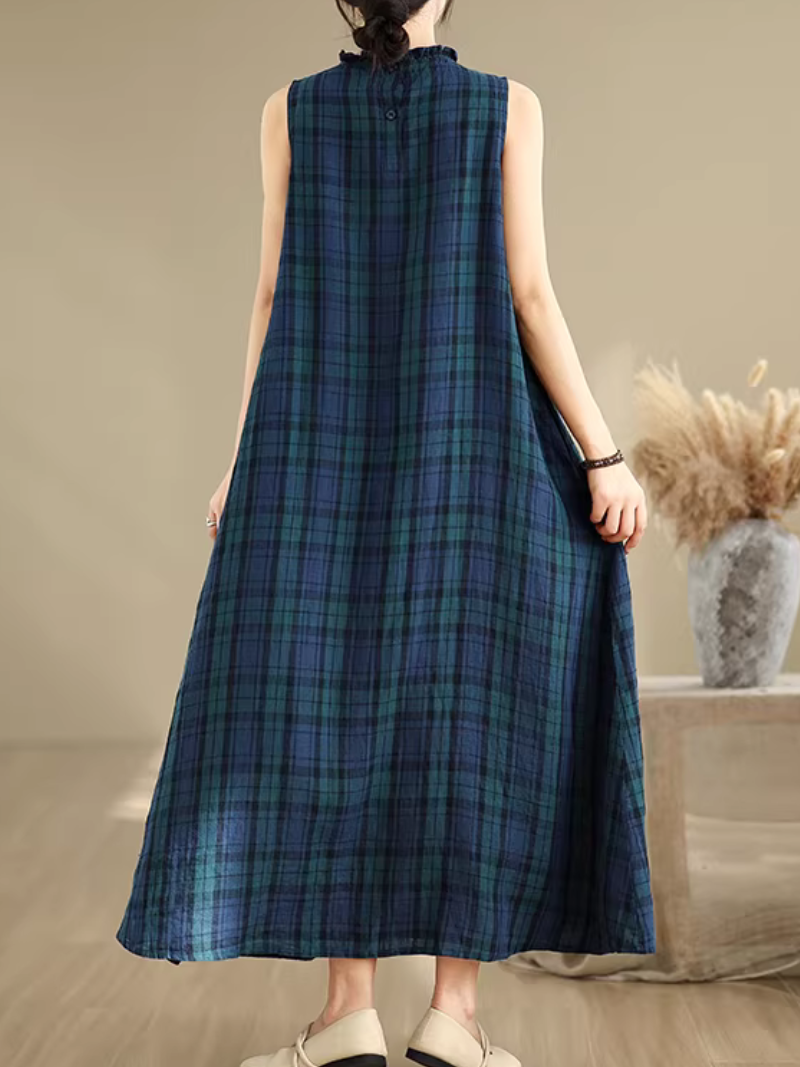 Sleeveless Plaid Maxi Dress in Airy Cotton Linen Blend Elegance