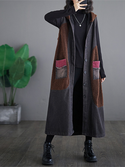 Women's Fashionable Velvet Button-Up Hoodie Coat