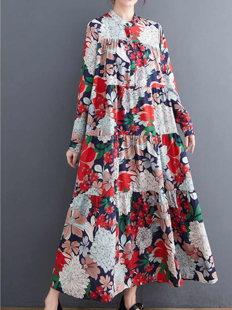 Vintage Floral Tiered Maxi Dress in Soft Polyester, Effortless Elegance