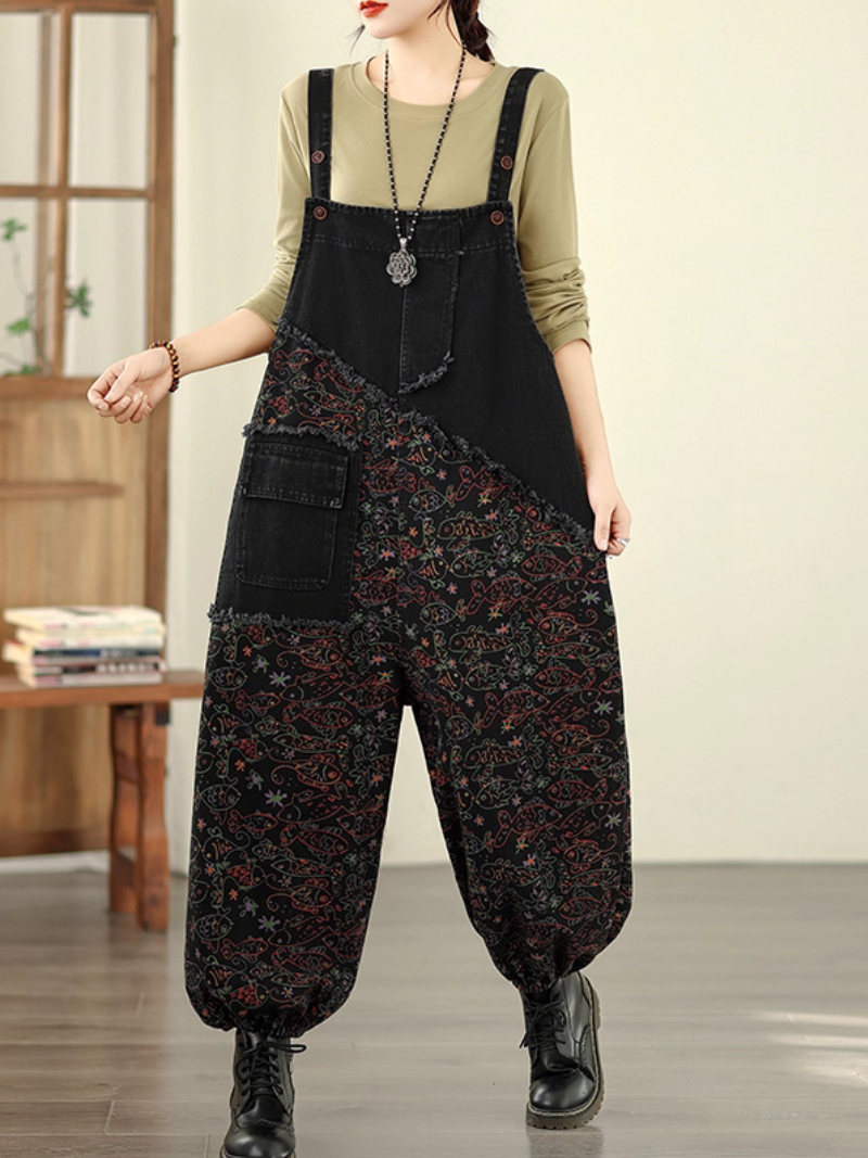 Artisan Printed Cotton-Linen Harem Overalls, Chic Boho Jumpsuit for Women