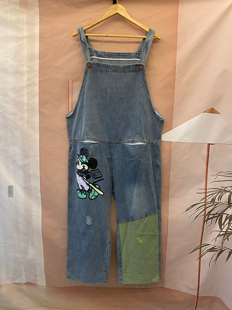 Cartoon Patch Denim Dungaree - Light Wash Relaxed Fit