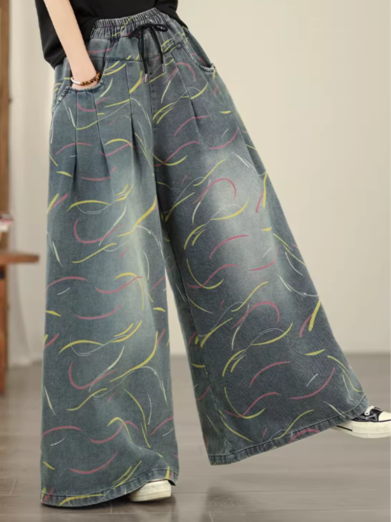 Artful Wide-Leg Denim Cotton Palazzo Pants with Elastic High Waist