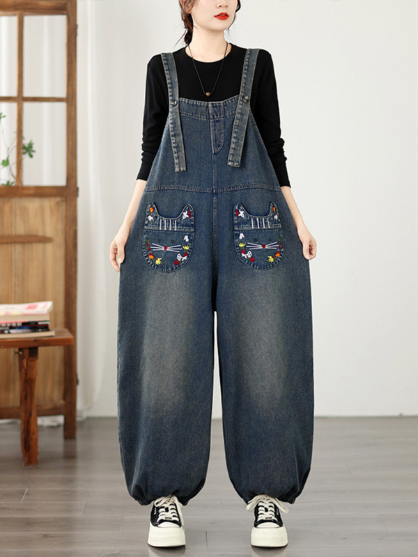 Easygoing Weekend Denim Overalls — Playful Embroidery, Forgiving Drape, All-Day Comfort
