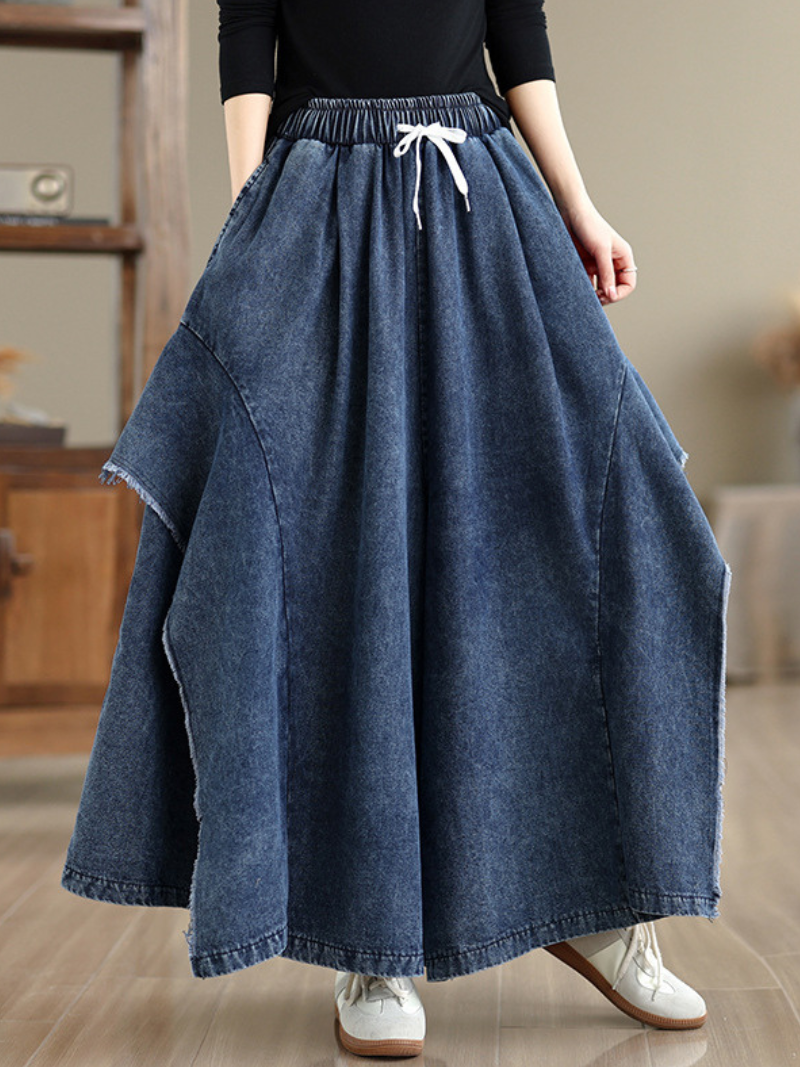 Artful A-Line Denim Maxi Skirt with Drawstring Waist, Cotton Comfort