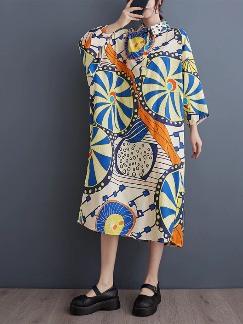 Women's Casual Printed Mid-length Button-Up Shirt Dress