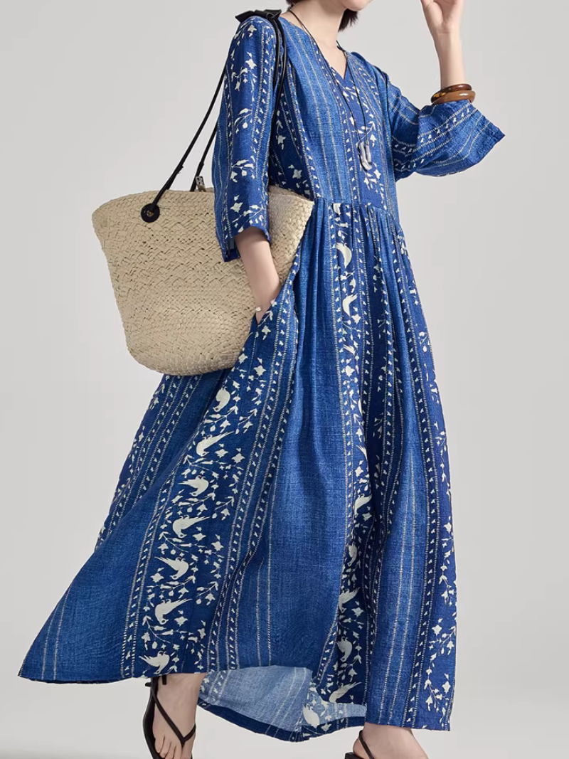 Artisanal Stripe Print V-Neck Maxi Dress in Luxe Nylon-Cotton Blend