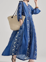 Artisanal Stripe Print V-Neck Maxi Dress in Luxe Nylon-Cotton Blend