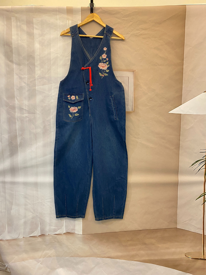 Women's Rose Embroidered Denim Overalls with Loose Wide-Leg Fit