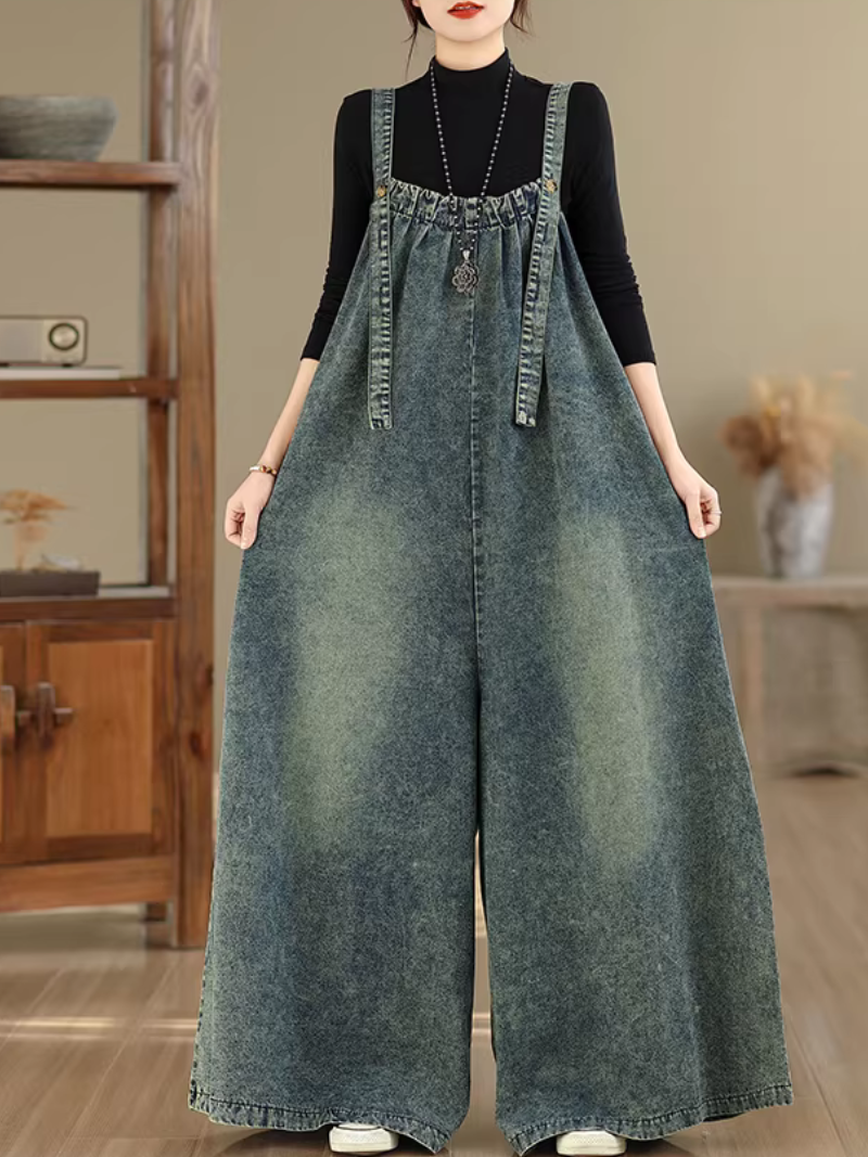 Artful Wide-Leg Denim Overalls Jumpsuit in Soft Cotton for Effortless Weekends