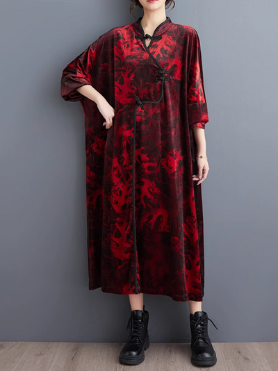Women's Perfect Printed Disc Button Stand Collar A-Line Dress