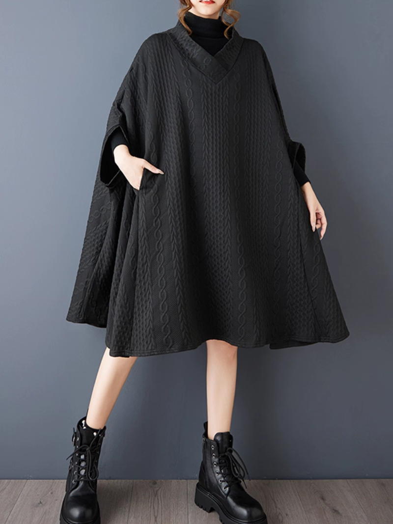 Textured A-line Cape Poncho in Polyester Blend, Minimalist Winter Layer