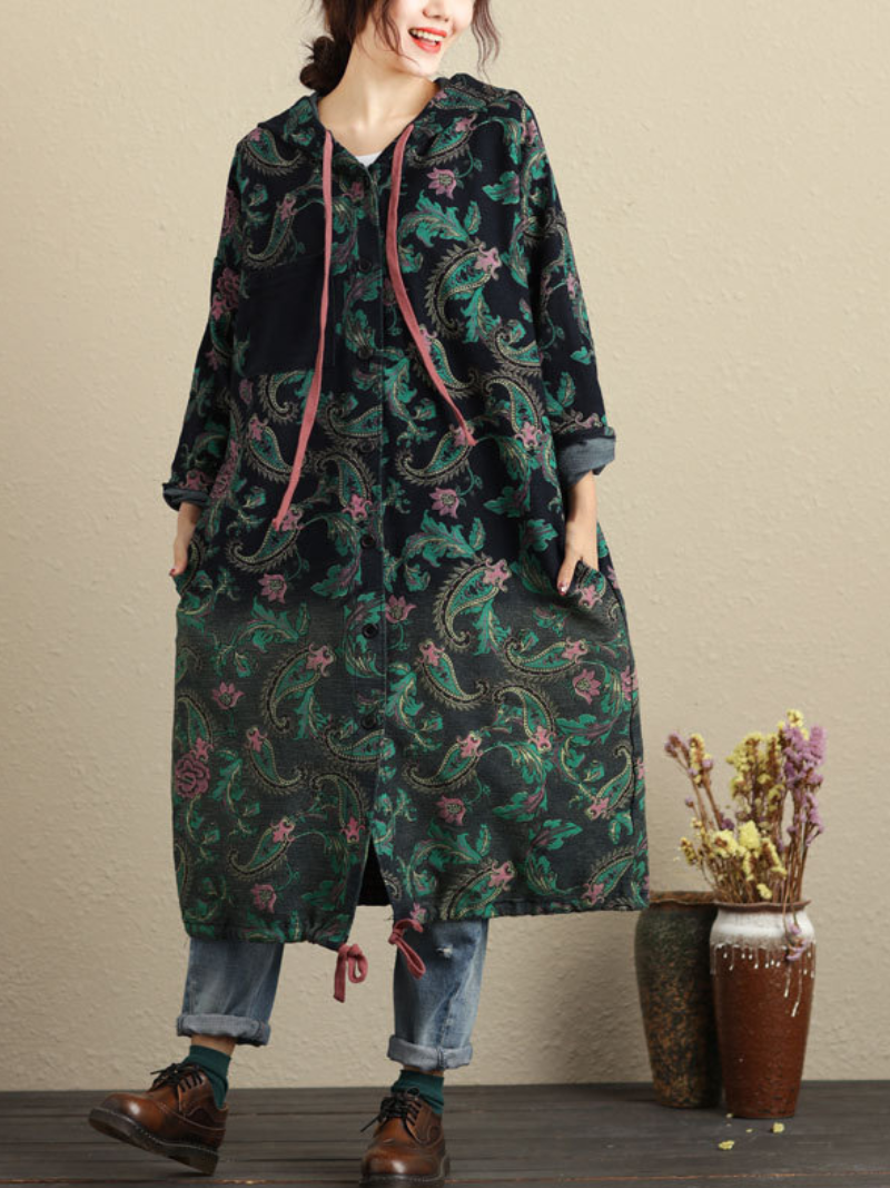 Women's Side Pocket Style Hooded Print Cardigan
