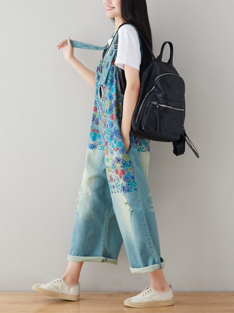 Women's Clothing Printed Jeans White Holes Wide Leg Overalls Dungarees