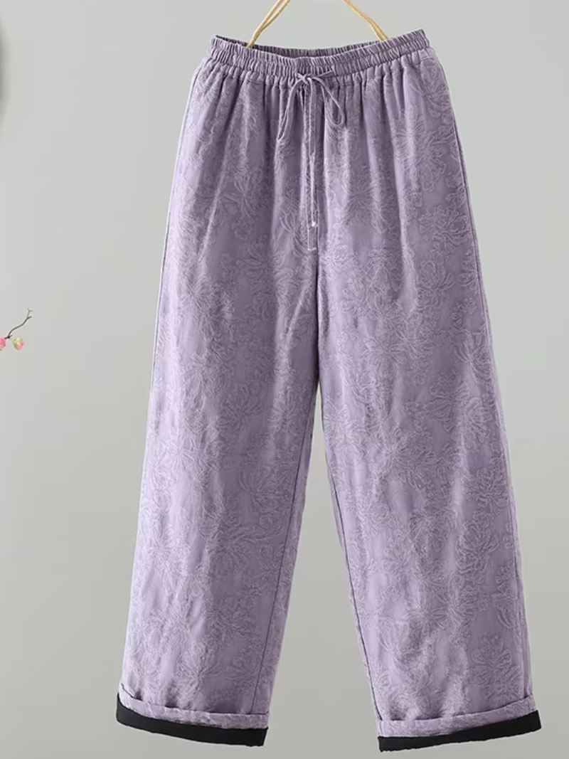 Textured Jacquard Cotton Relaxed Wide-Leg Women's Pants with Drawstring Waist