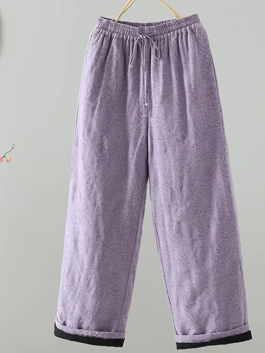 Textured Jacquard Cotton Relaxed Wide-Leg Women's Pants with Drawstring Waist