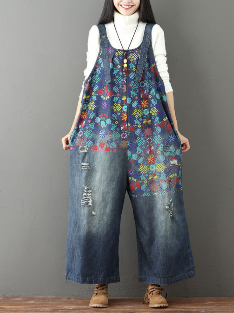 Boho Wide-Leg Denim Overalls with Vibrant Floral Print | Eva Trends