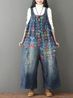 Boho Wide-Leg Denim Overalls with Vibrant Floral Print | Eva Trends