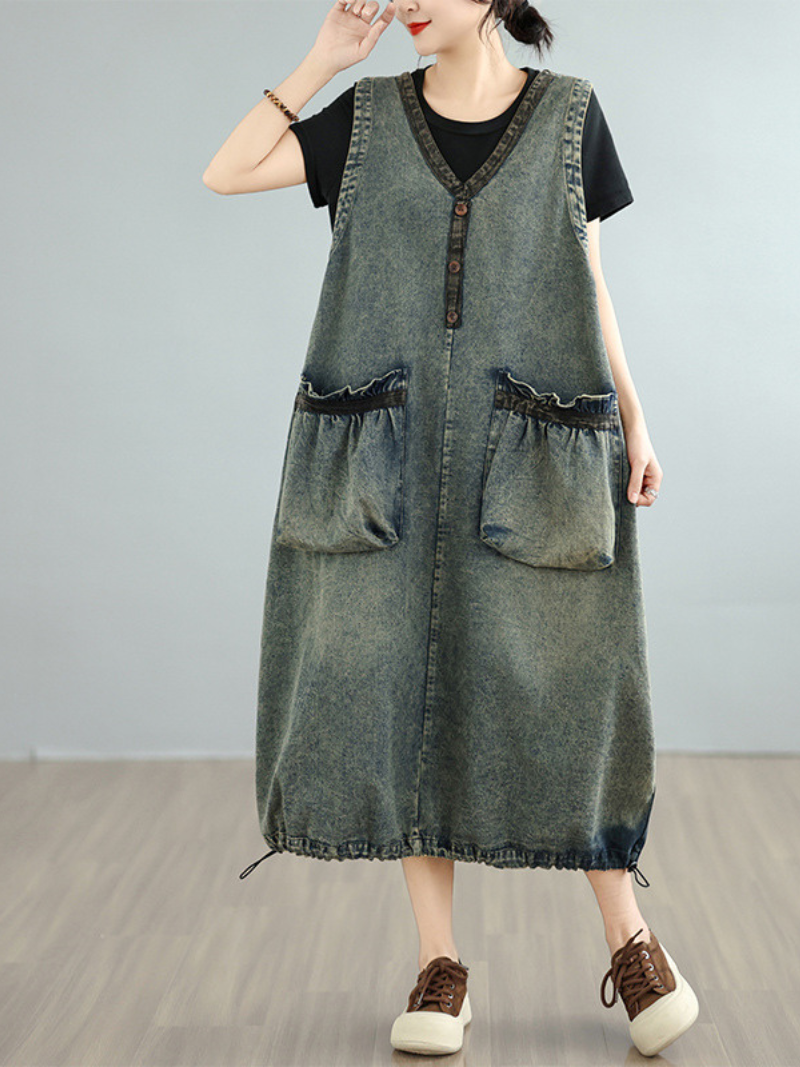 Relaxed V-Neck Denim Dress with Oversized Pockets, Effortless Pinafore
