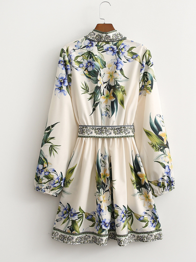 Women's Modern Printed Flower Waist Belt Shirt Dress