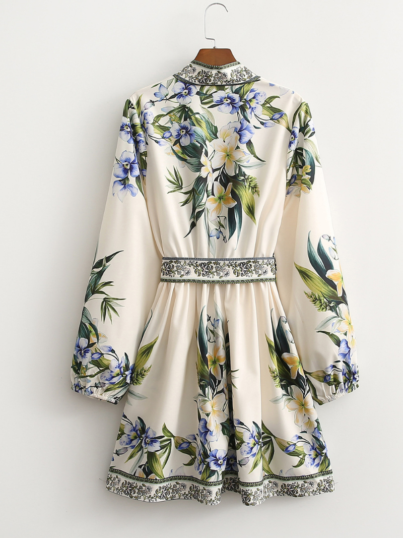Women's Modern Printed Flower Waist Belt Shirt Dress